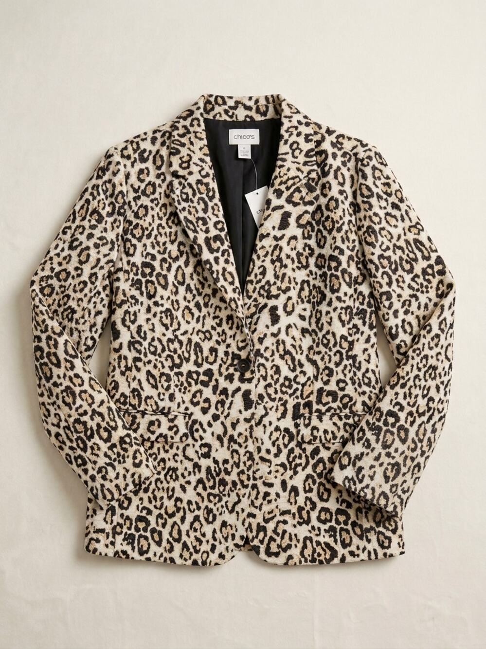 Chico's Jacquard Leopard Print Metallic Gold Blazer Jacket Size 2 Large NWT